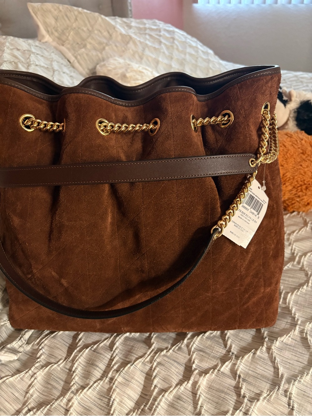 Brown Suede Chain-Accent Tote Bag Coach